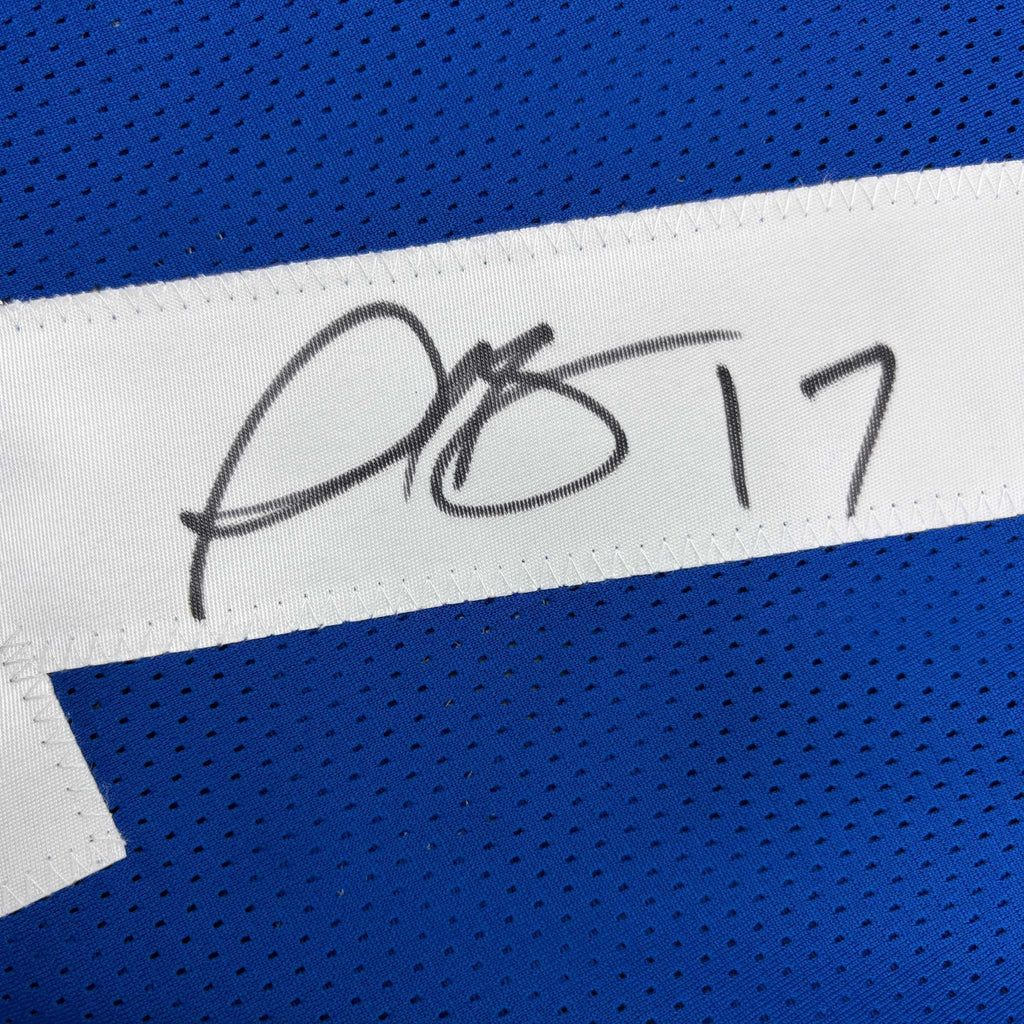 Autographed/Signed Plaxico Burress New York Blue Football Jersey JSA COA