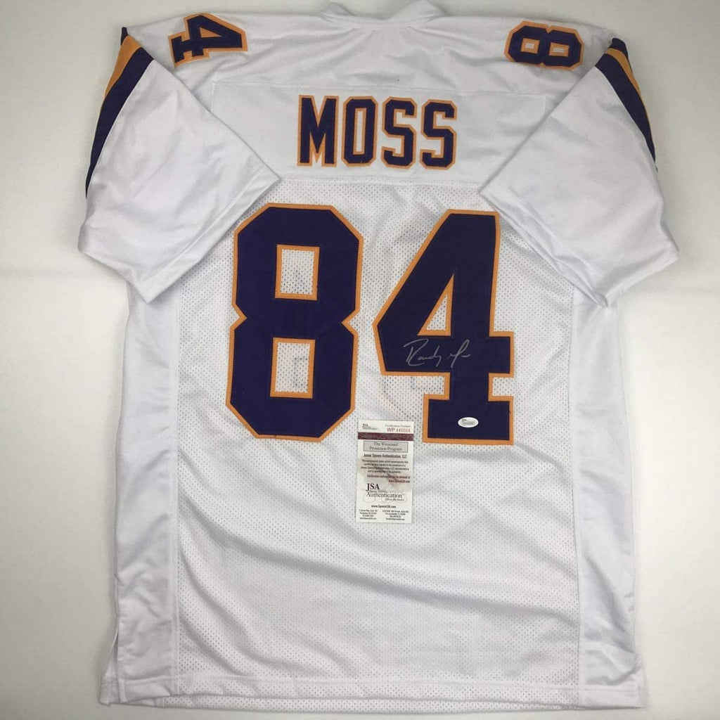 Autographed/Signed Randy Moss Minnesota White Football Jersey JSA COA