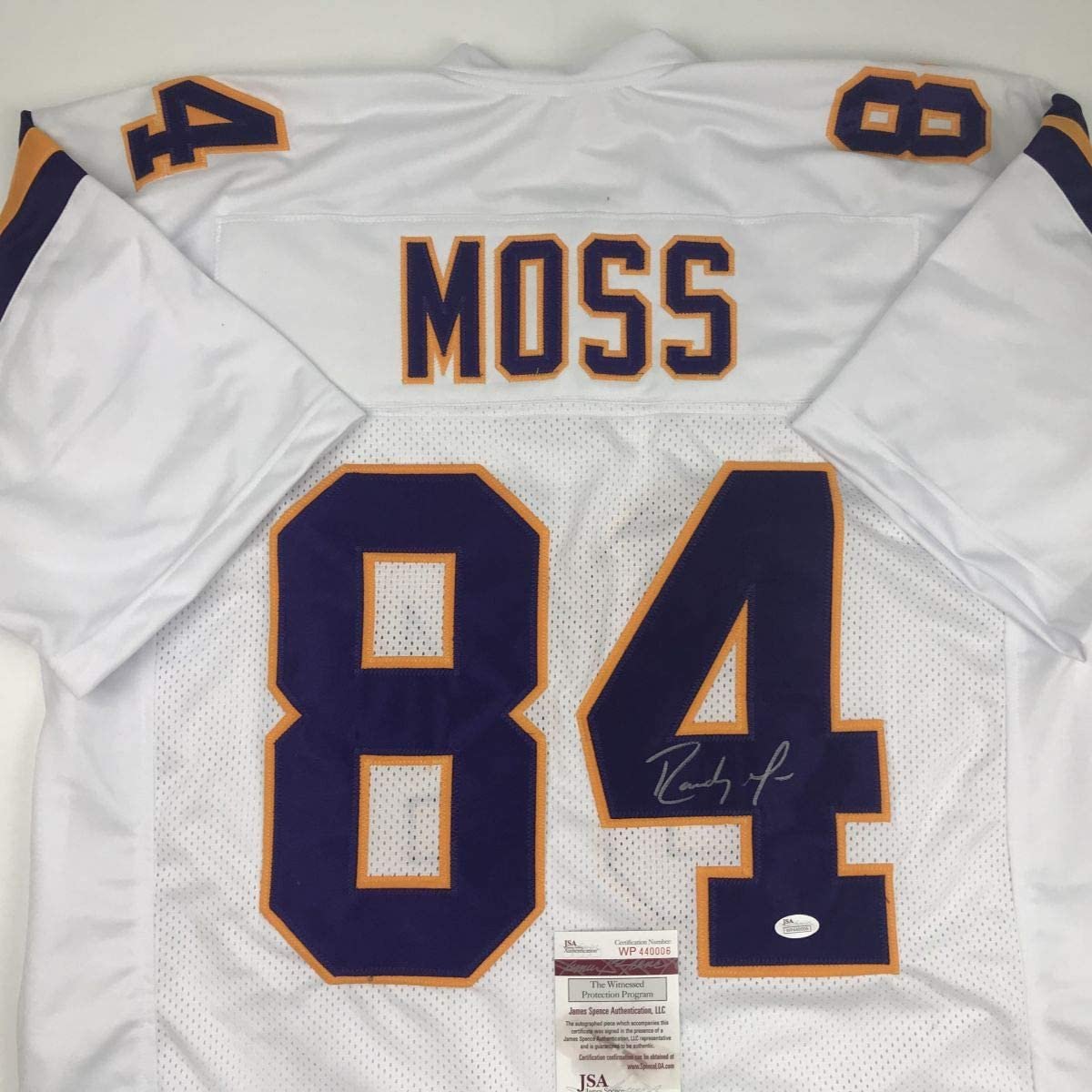 Autographed/Signed Randy Moss Minnesota White Football Jersey JSA COA