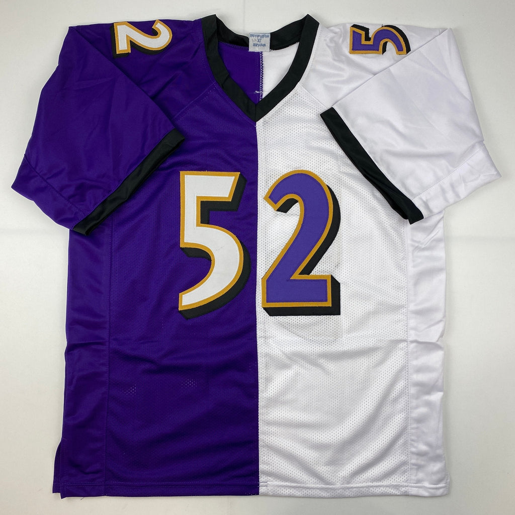 Autographed/Signed Ray Lewis Baltimore Split Purple White Football Jersey JSA COA