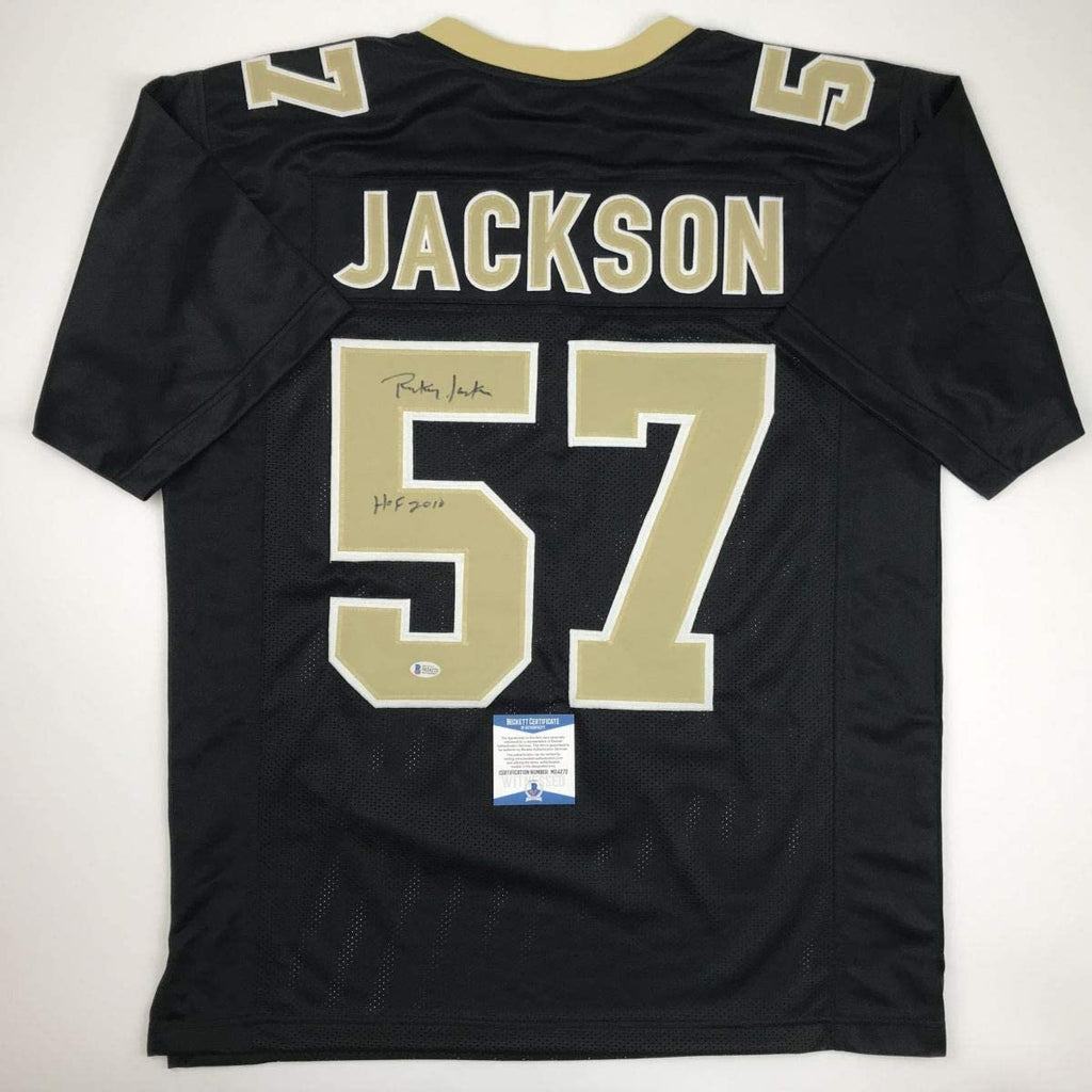 Autographed/Signed Rickey Jackson HOF 2010 New Orleans Black Football Jersey Beckett BAS COA