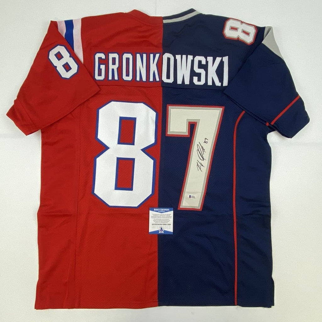 Autographed/Signed Rob Gronkowski New England Split Football Jersey Beckett BAS COA