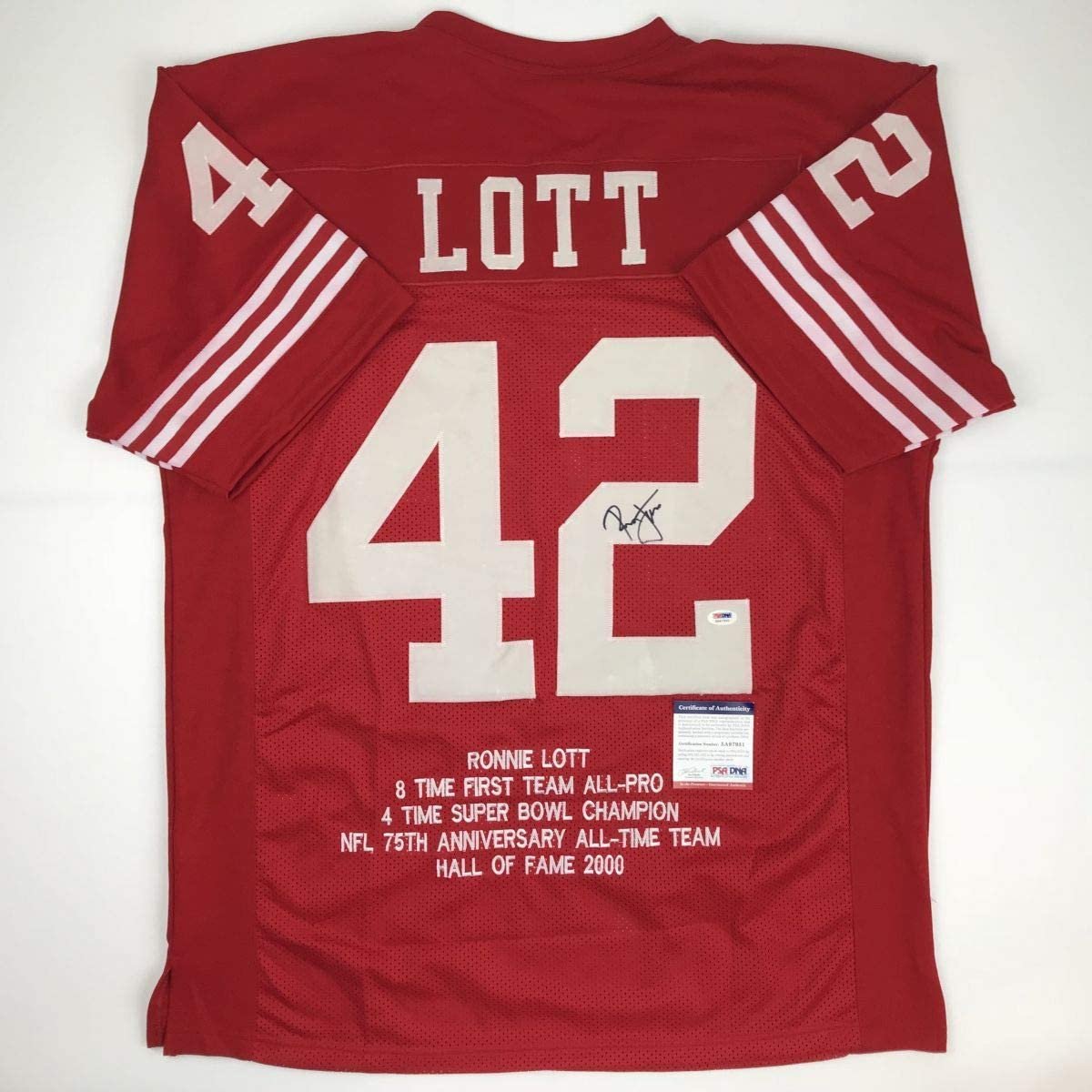 Autographed/Signed Ronnie Lott San Francisco Red Stat Football Jersey PSA/DNA COA