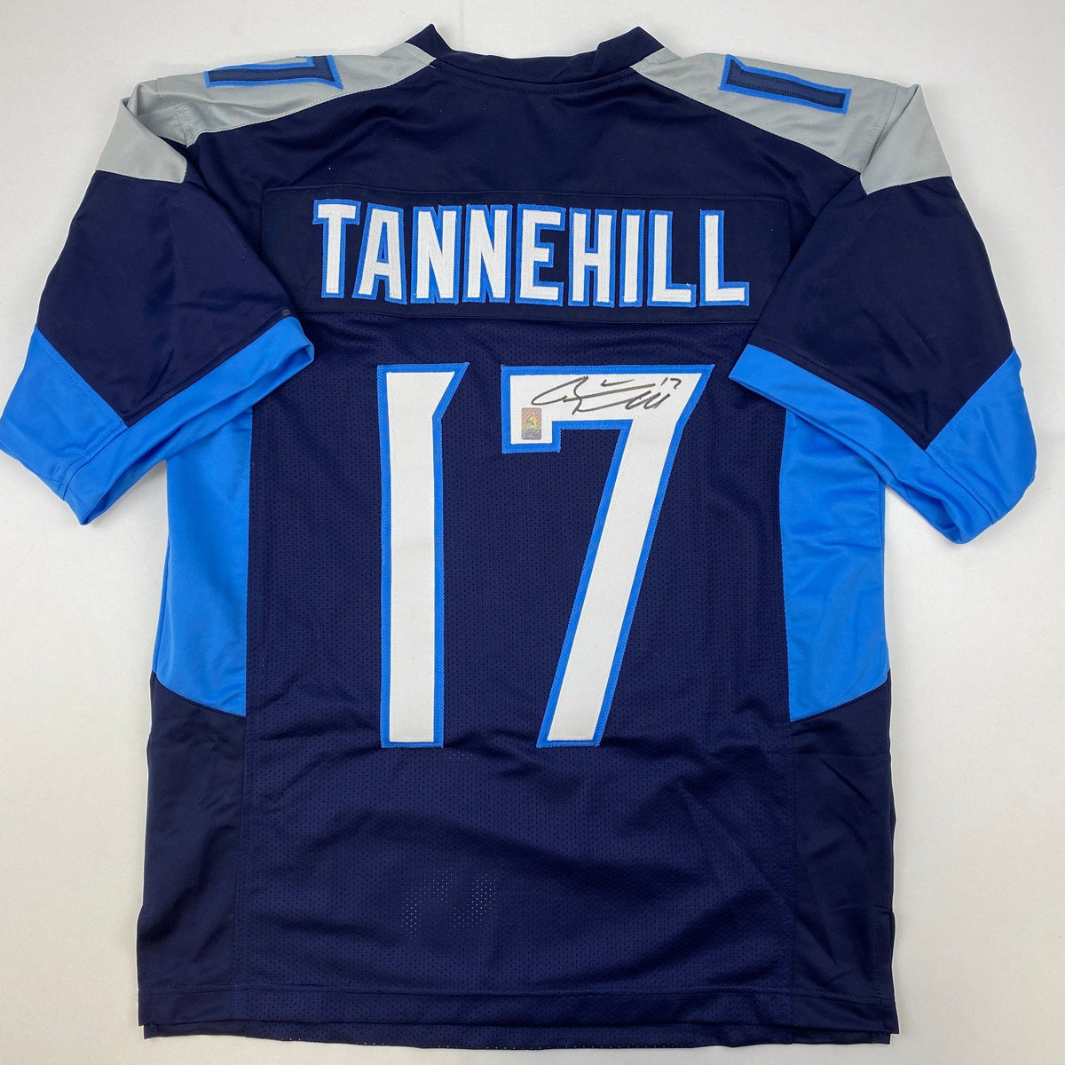 Autographed/Signed Ryan Tannehill Tennessee Dark Blue Football Jersey GTSM COA
