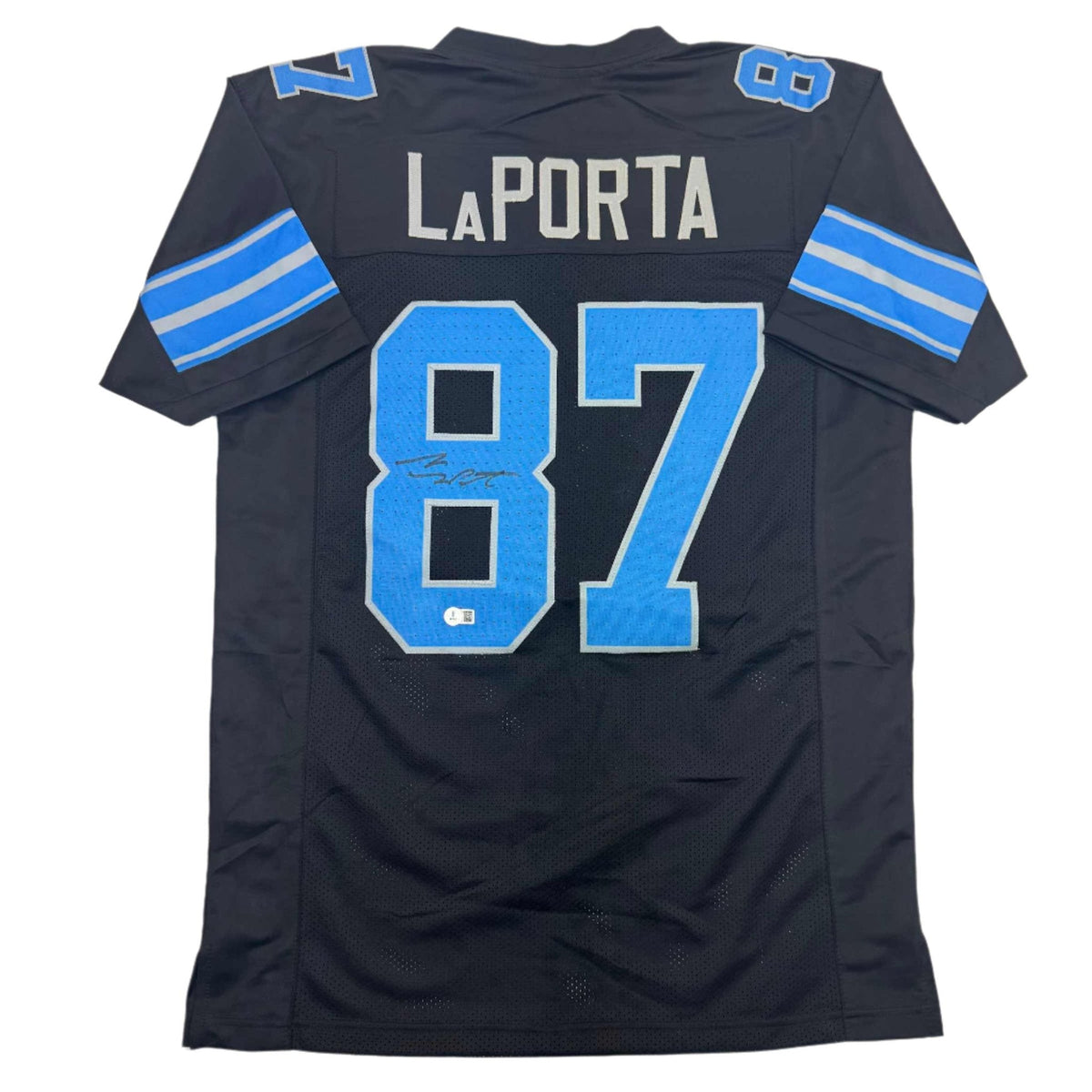 Autographed/Signed Sam LaPorta Detroit Black Football Jersey Beckett BAS COA