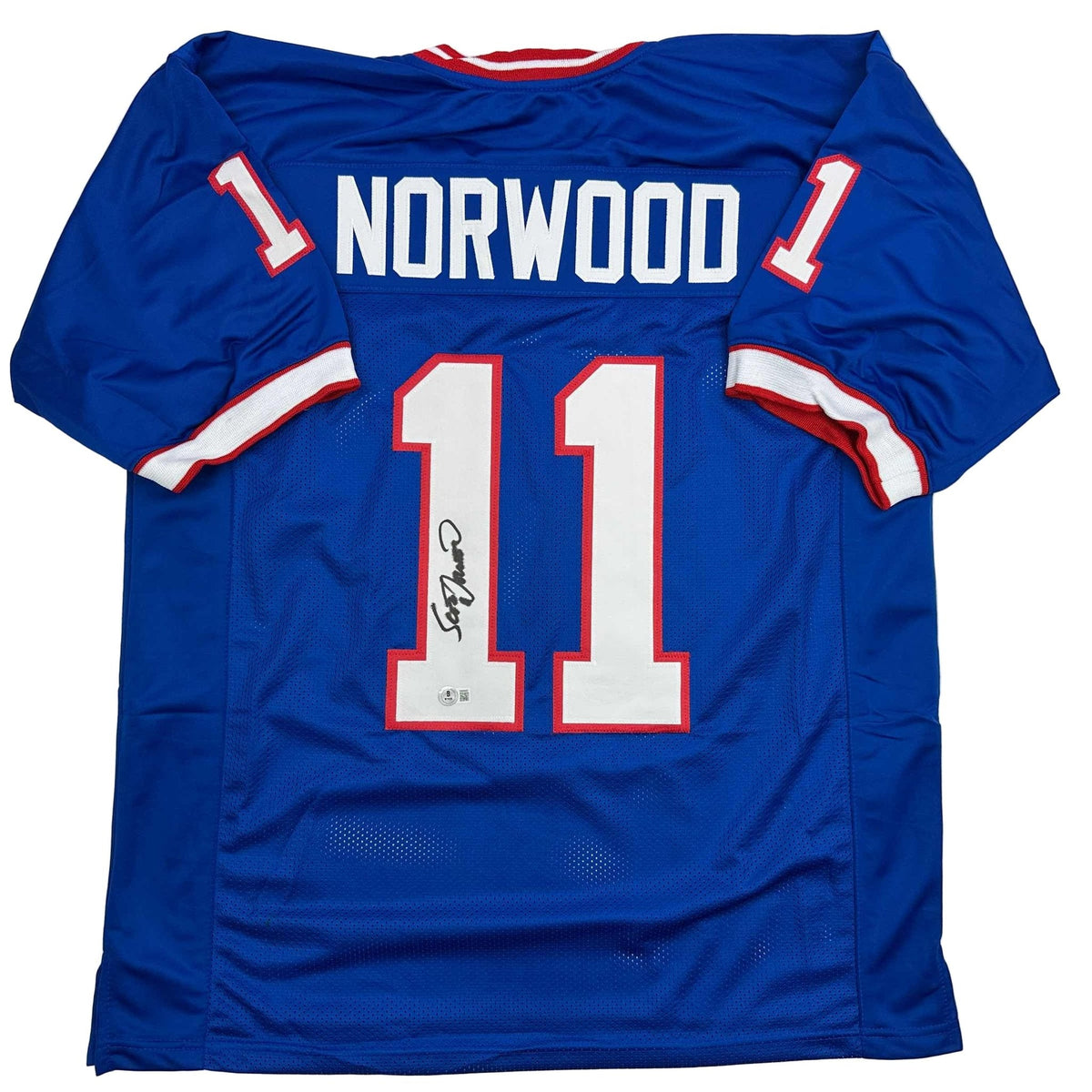 Autographed/Signed Scott Norwood Buffalo Blue Football Jersey Beckett BAS COA