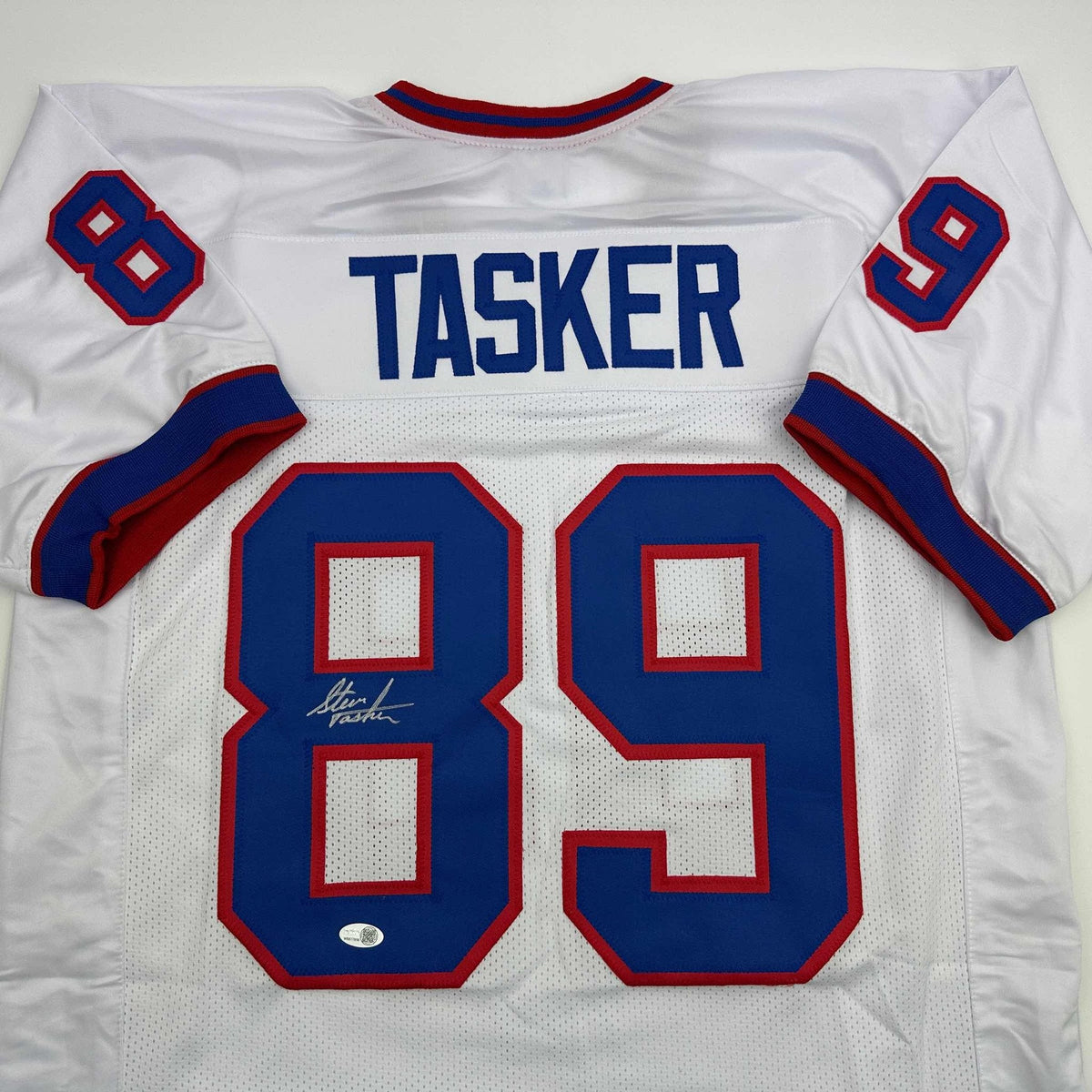 Autographed/Signed Steve Tasker Buffalo White Football Jersey JSA COA