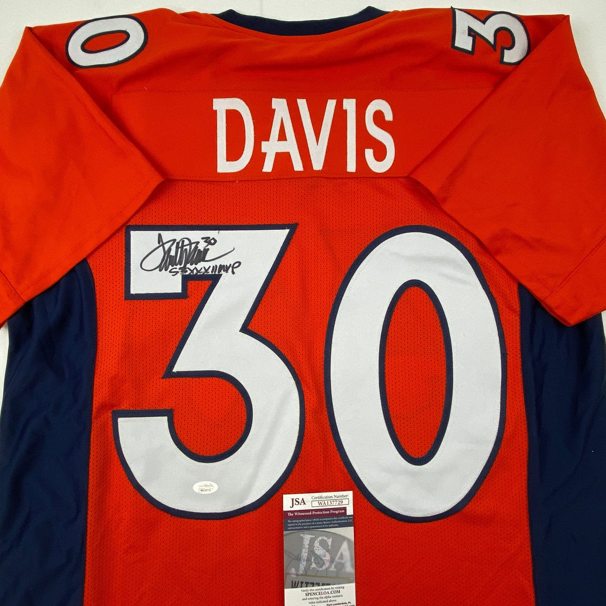 Autographed/Signed Terrell Davis SB XXXII MVP Denver Orange Football Jersey JSA COA