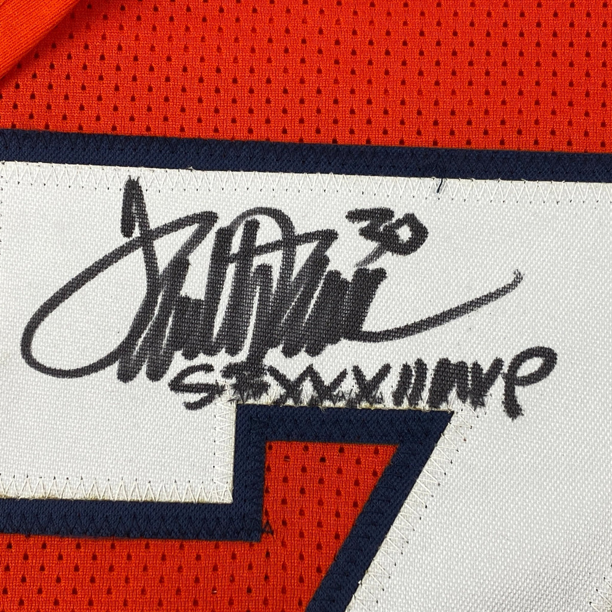 Autographed/Signed Terrell Davis SB XXXII MVP Denver Orange Football Jersey JSA COA