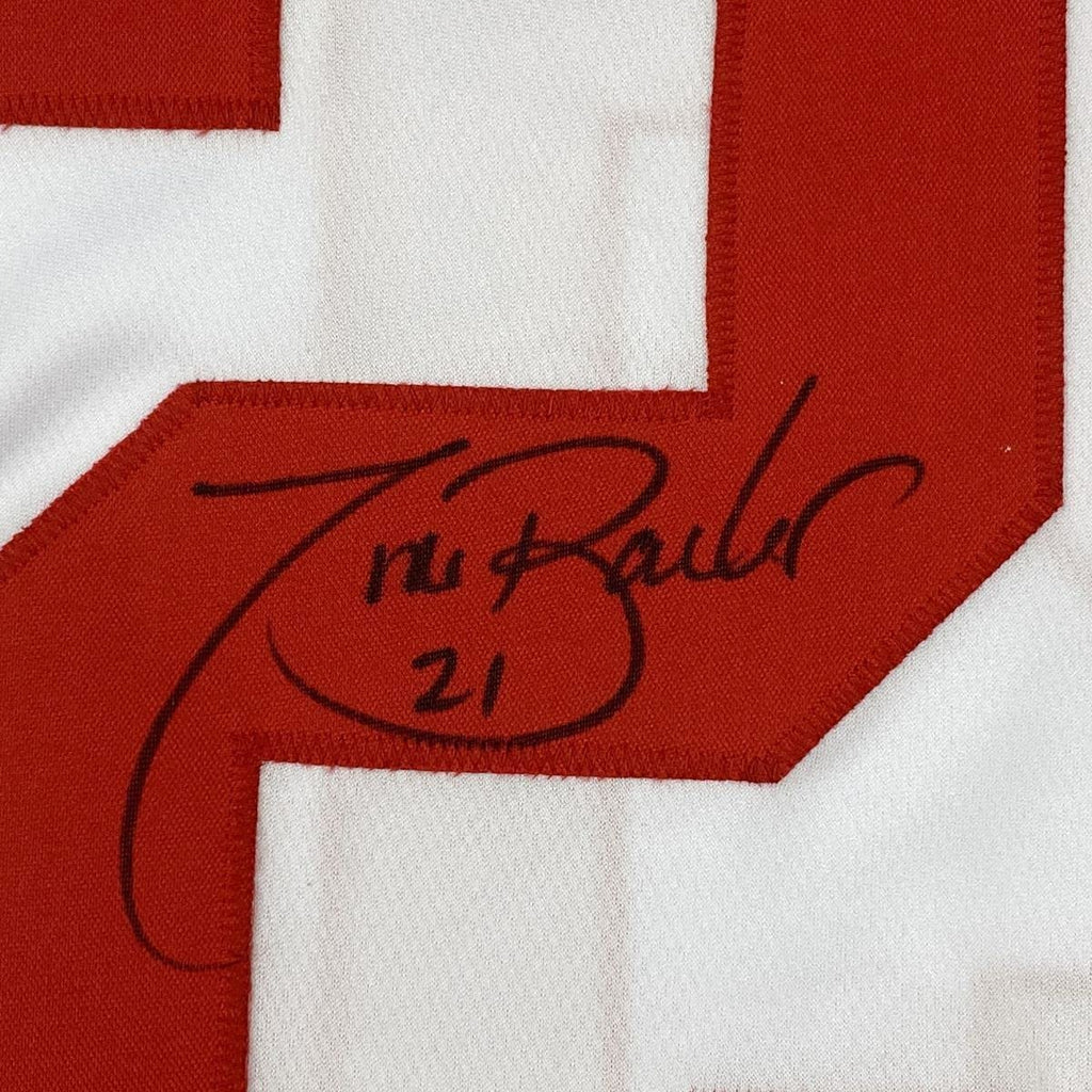 Autographed/Signed Tiki Barber New York White Football Jersey JSA COA