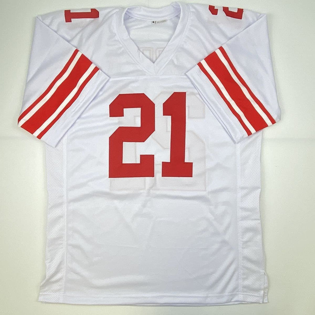 Autographed/Signed Tiki Barber New York White Football Jersey JSA COA