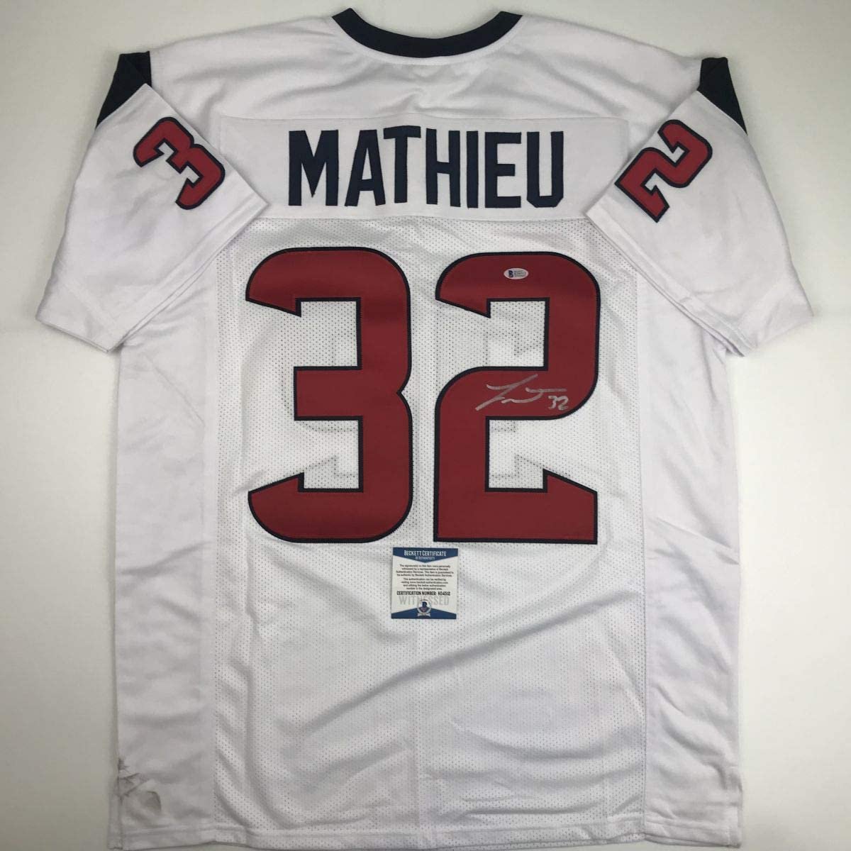 Autographed/Signed Tyrann Mathieu Houston White Football Jersey Beckett BAS COA