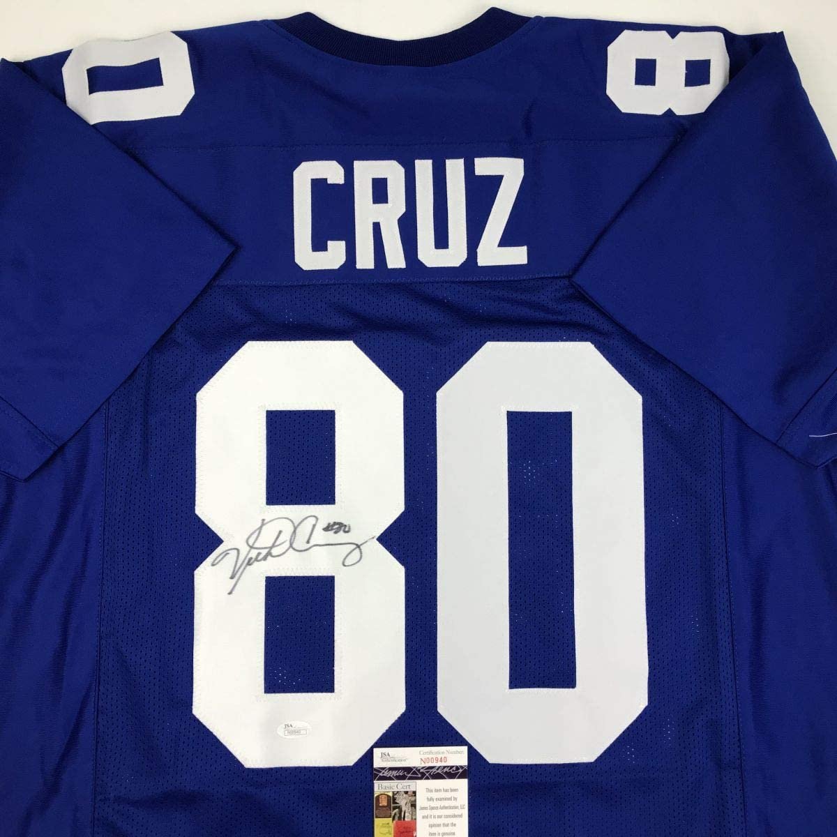 Autographed/Signed Victor Cruz New York Blue Football Jersey JSA COA