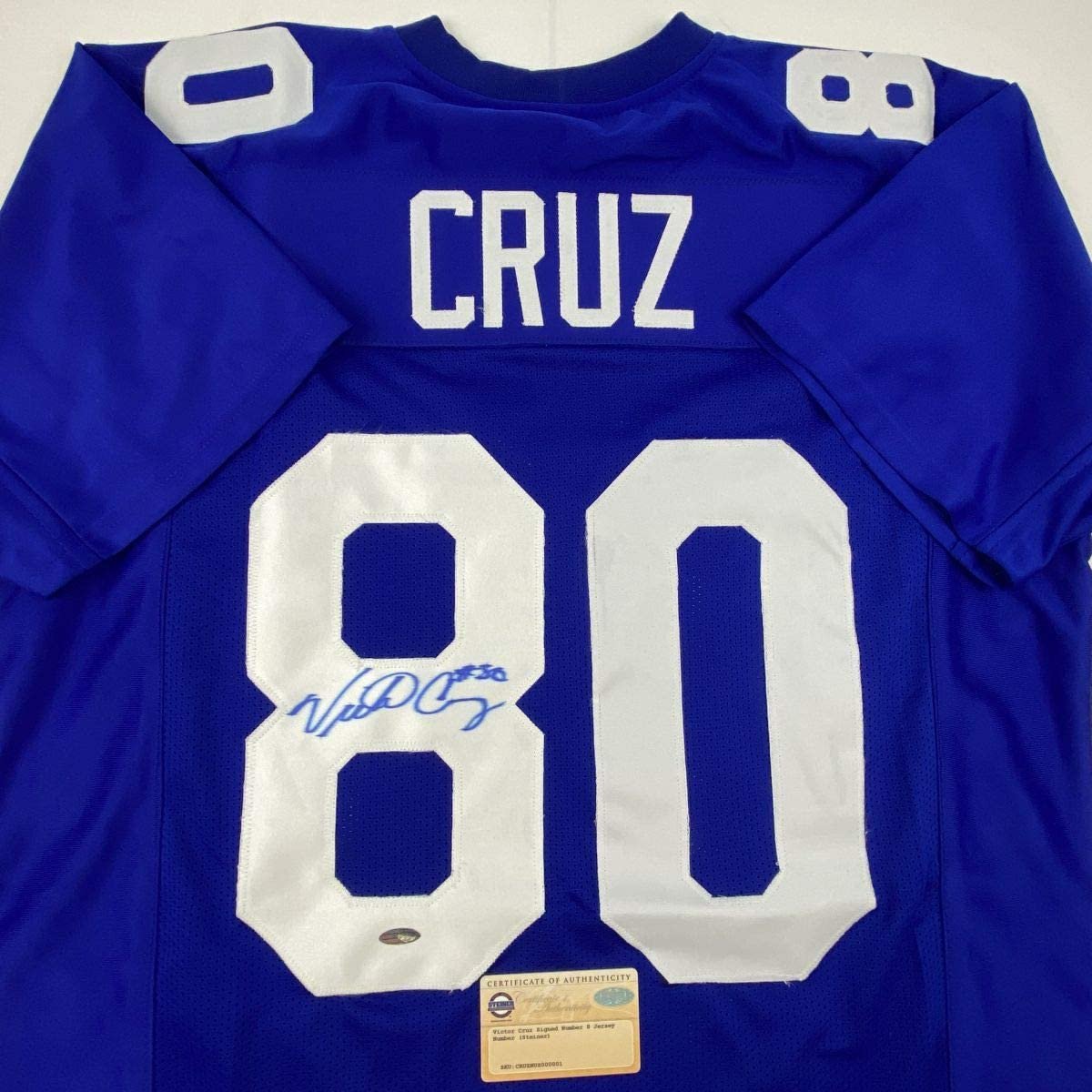 Autographed/Signed Victor Cruz New York Blue Football Jersey Steiner Sports COA