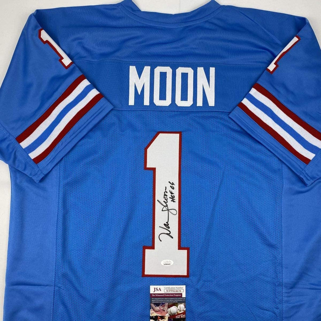 Autographed/Signed Warren Moon HOF 06 Houston Blue Football Jersey JSA COA