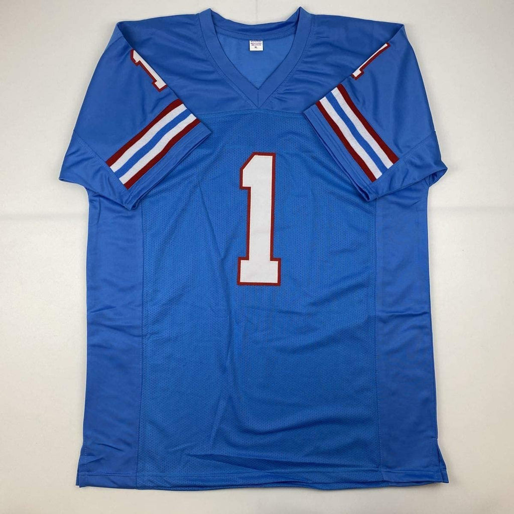 Autographed/Signed Warren Moon HOF 06 Houston Blue Football Jersey JSA COA