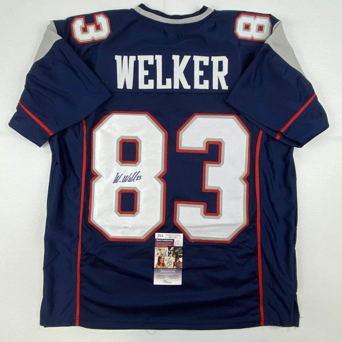 Autographed/Signed Wes Welker New England Blue Football Jersey JSA COA