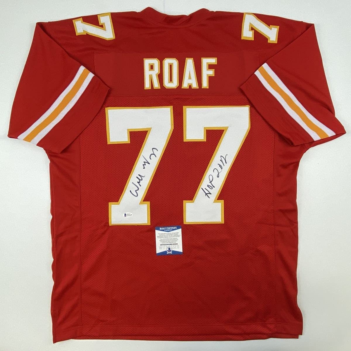 Autographed/Signed Willie Roaf HOF 2012 Kansas City Red Football Jersey Beckett BAS COA