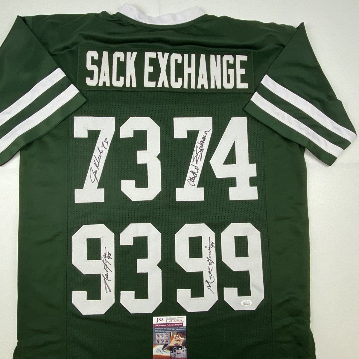 Autographed/Signed NY Sack Exchange Mark Gastineau, Joe Klecko, Marty Lyons & Abdul Salaam New York Green Football Jersey JSA COA