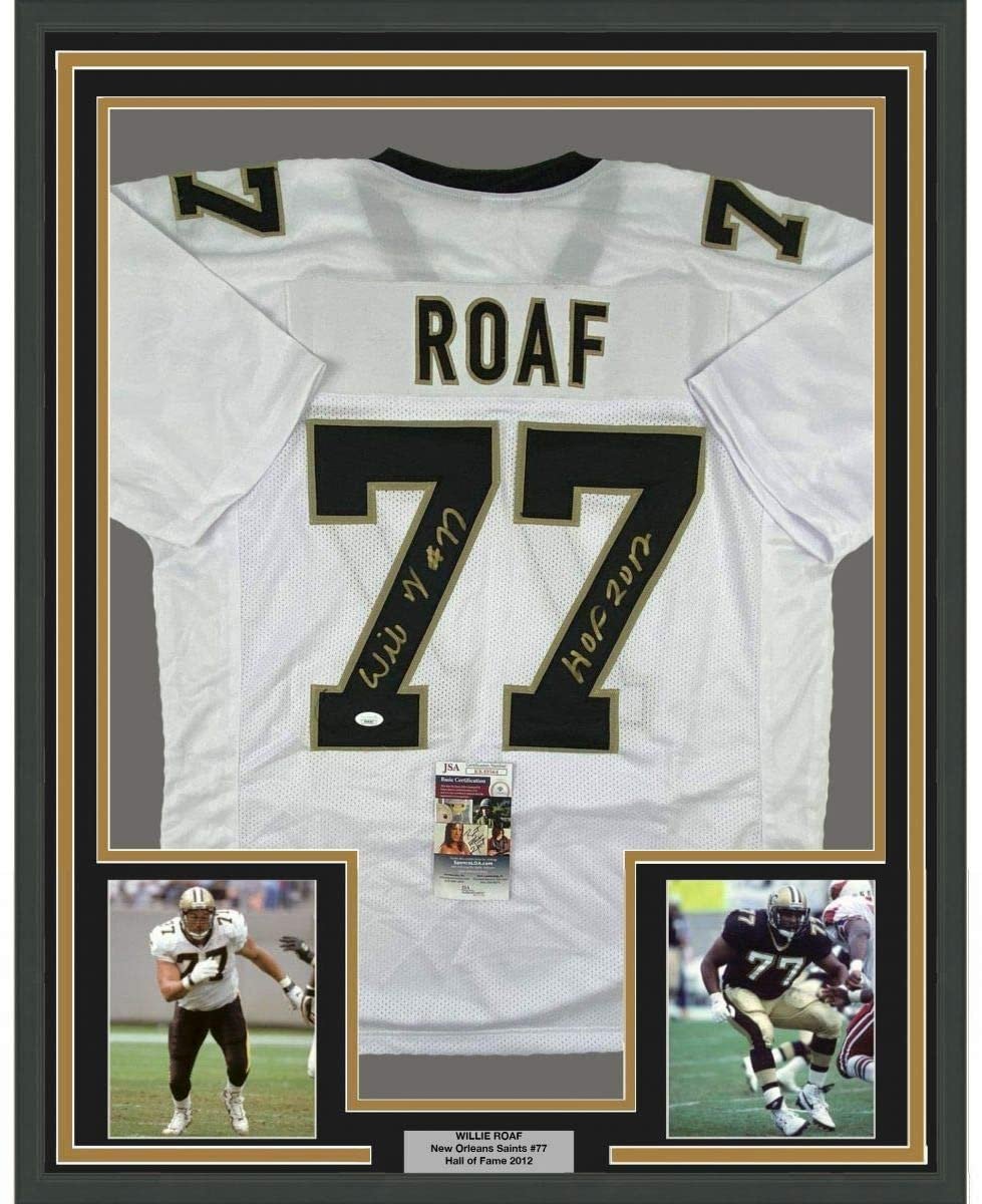 Framed Autographed/Signed Willie Roaf 35x39 New Orleans White Football Jersey JSA COA