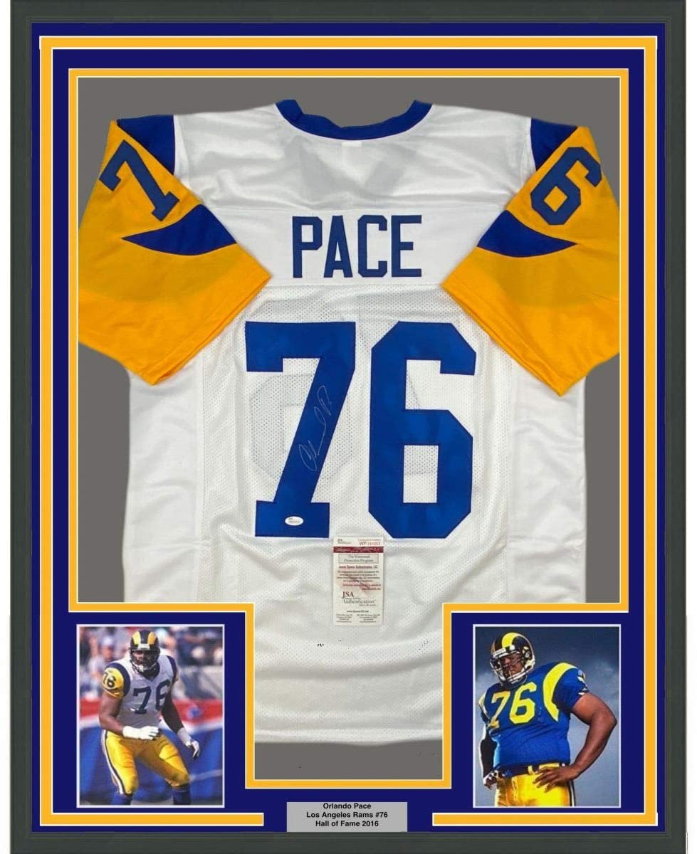 Framed Autographed/Signed Orlando Pace 35x39 Los Angeles White Football Jersey JSA COA