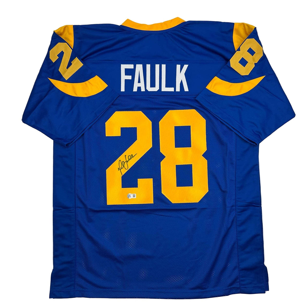 Autographed/Signed Marshall Faulk St. Louis Blue Football Jersey Beckett BAS COA