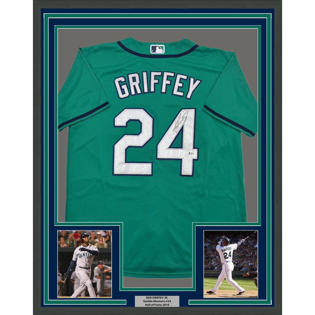 Framed Autographed/Signed Ken Griffey Jr. 35x39 Seattle Teal Baseball Jersey Beckett BAS COA