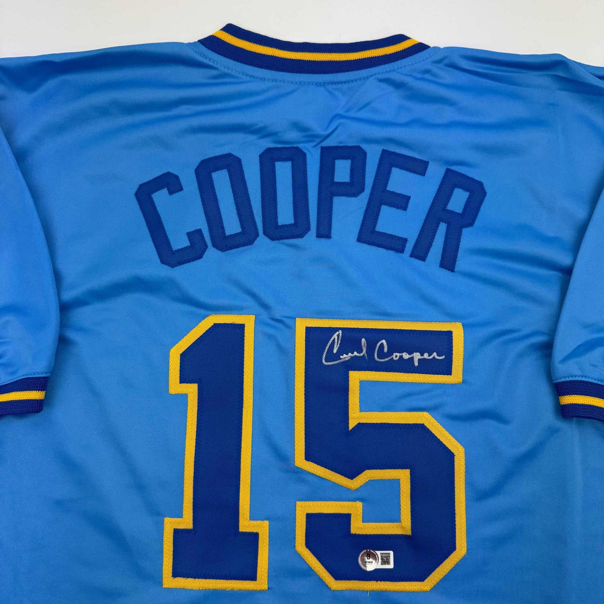 Autographed/Signed Cecil Cooper Milwaukee Blue Baseball Jersey Beckett BAS COA