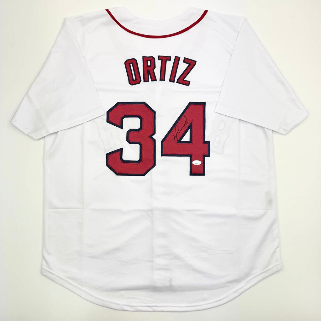 Autographed/Signed David Ortiz Boston White Baseball Jersey JSA COA