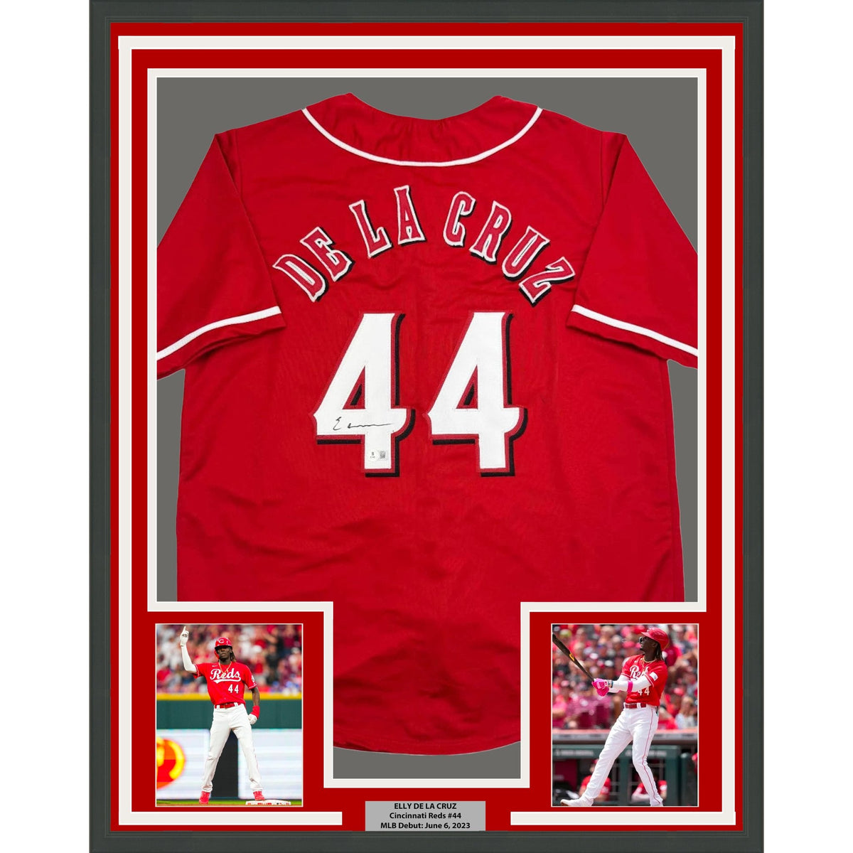 Framed Autographed/Signed Elly De La Cruz 35x39 Cincinnati Red Baseball Jersey Beckett BAS COA