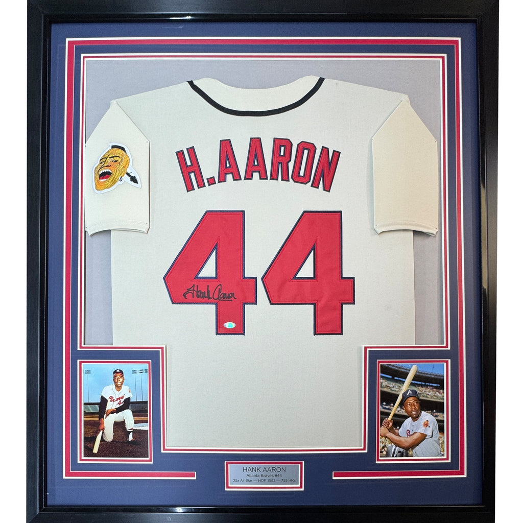 Framed Autographed/Signed Hank Henry Aaron 35x39 Atlanta Baseball Jersey Steiner COA
