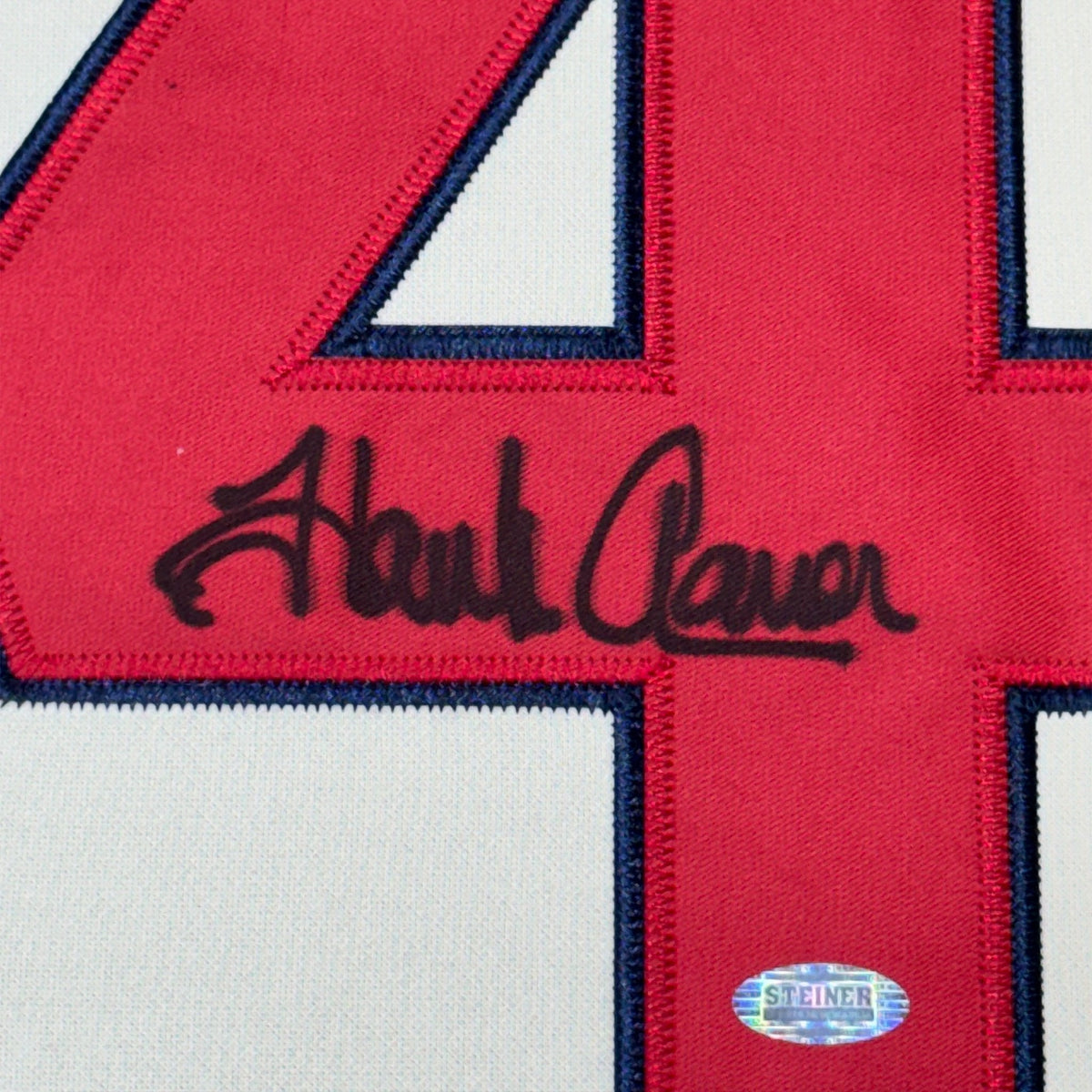 Framed Autographed/Signed Hank Henry Aaron 35x39 Atlanta Baseball Jersey Steiner COA