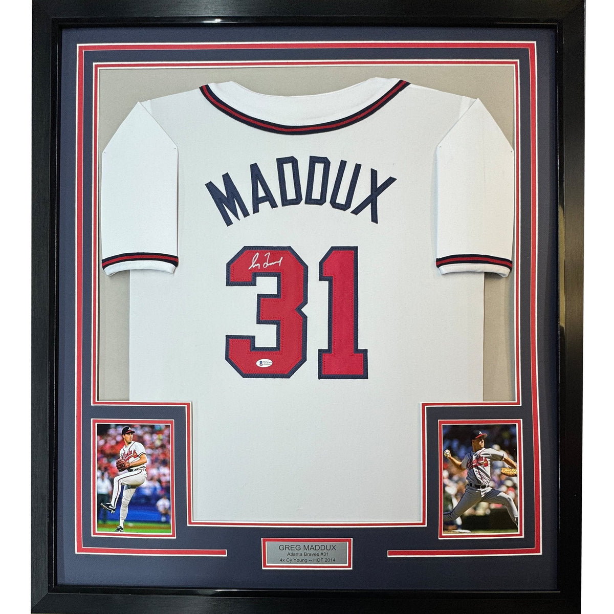 Framed Autographed/Signed Greg Maddux 35x39 Atlanta White Baseball Jersey Beckett BAS COA