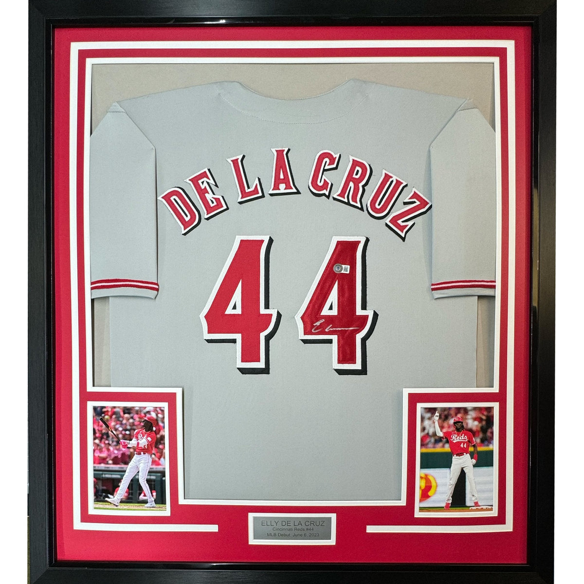 Framed Autographed/Signed Elly De La Cruz 35x39 Cincinnati Grey Baseball Jersey Beckett BAS COA