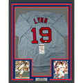 Framed Autographed/Signed Fred Lynn 35x39 Boston Grey Baseball Jersey JSA COA