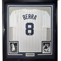 Framed Autographed/Signed Yogi Berra 35x39 New York Pinstripe Baseball Jersey JSA COA