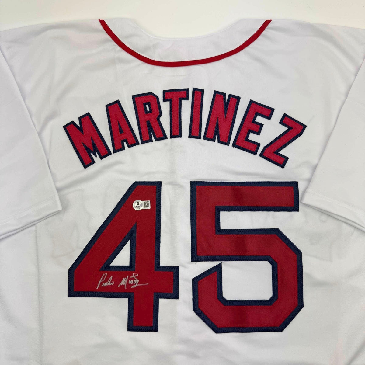 Autographed/Signed Pedro Martinez Boston White Baseball Jersey Beckett BAS COA