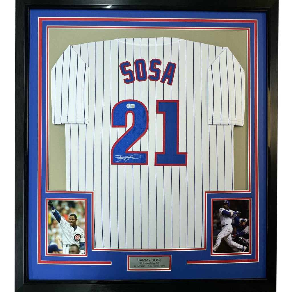 Framed Autographed/Signed Sammy Sosa 35x39 Chicago Pinstripe Baseball Jersey Beckett BAS COA