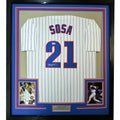 Framed Autographed/Signed Sammy Sosa 35x39 Chicago Pinstripe Baseball Jersey Beckett BAS COA