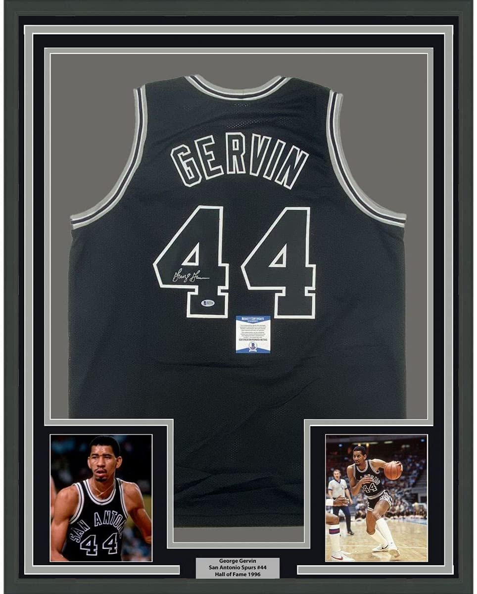 Framed Autographed/Signed George Gervin 35x39 San Antonio Black Basketball Jersey Beckett BAS COA