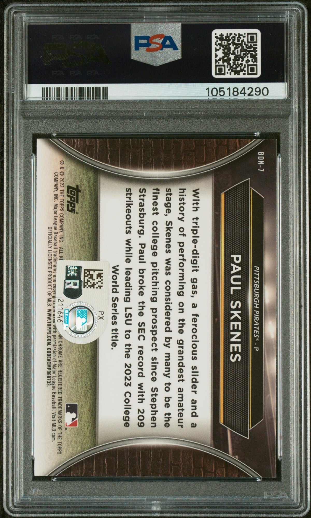 Graded 2023 Topps Bowman Draft Paul Skenes #BDN7 Draft Night Rookie RC Baseball Card PSA 10 Auto Grade Gem Mint