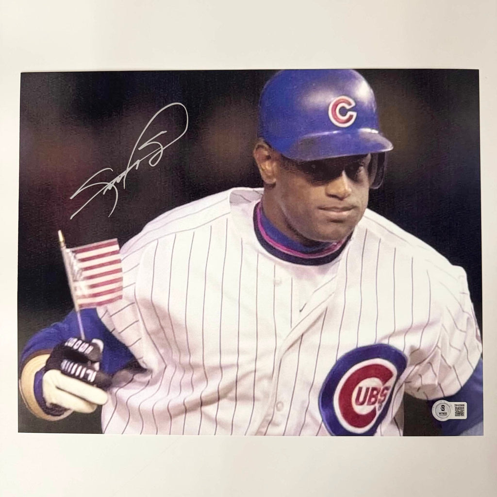 Autographed/Signed Sammy Sosa USA Flag Chicago Cubs 11x14 Baseball Photo Beckett BAS COA