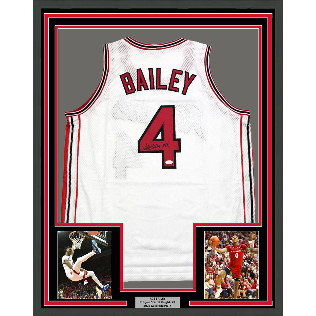 Framed Autographed/Signed Ace Bailey 35x39 Rutgers White College Basketball Jersey JSA COA