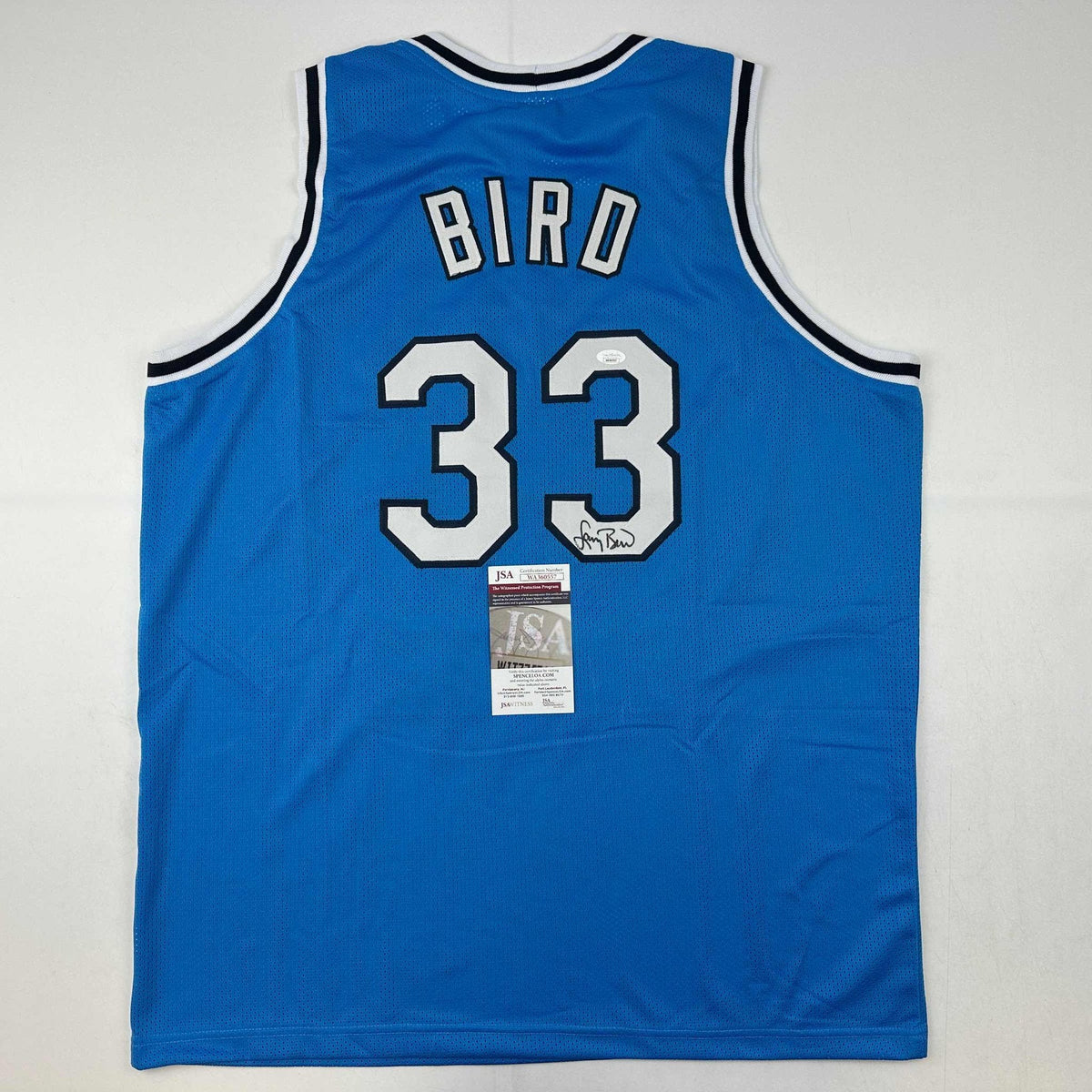 Autographed/Signed Larry Bird Indiana State Blue College Basketball Jersey JSA COA