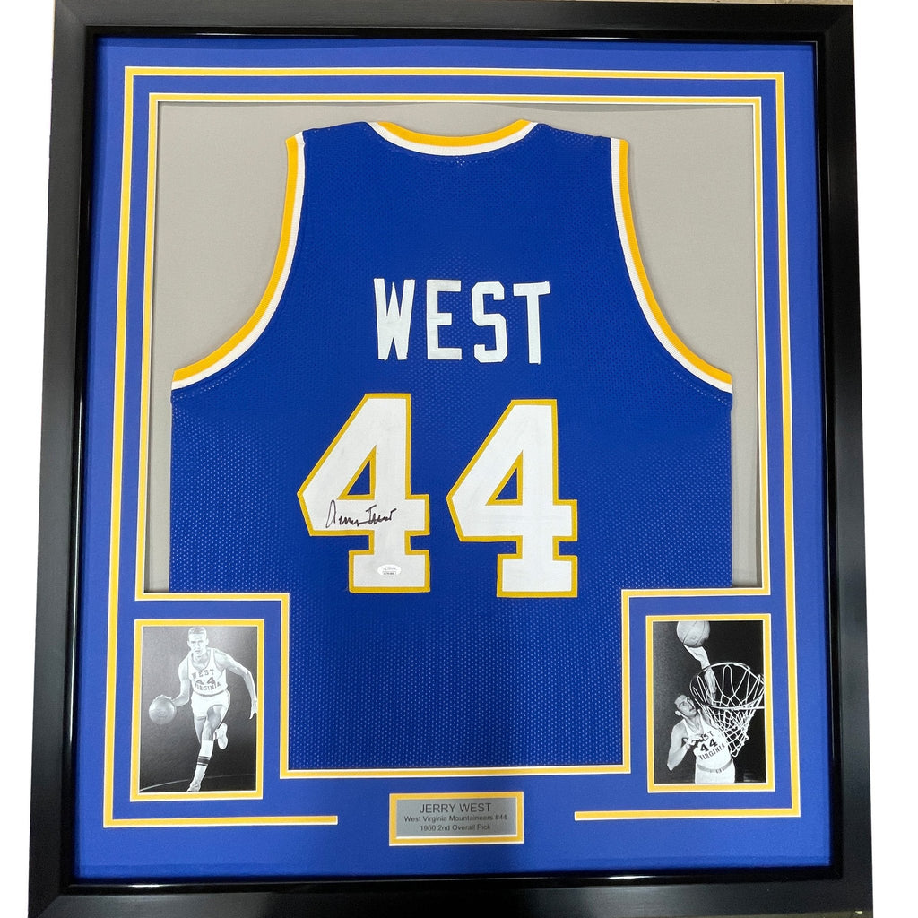 Framed Autographed/Signed Jerry West 35x39 West Virginia Blue College Basketball Jersey JSA COA