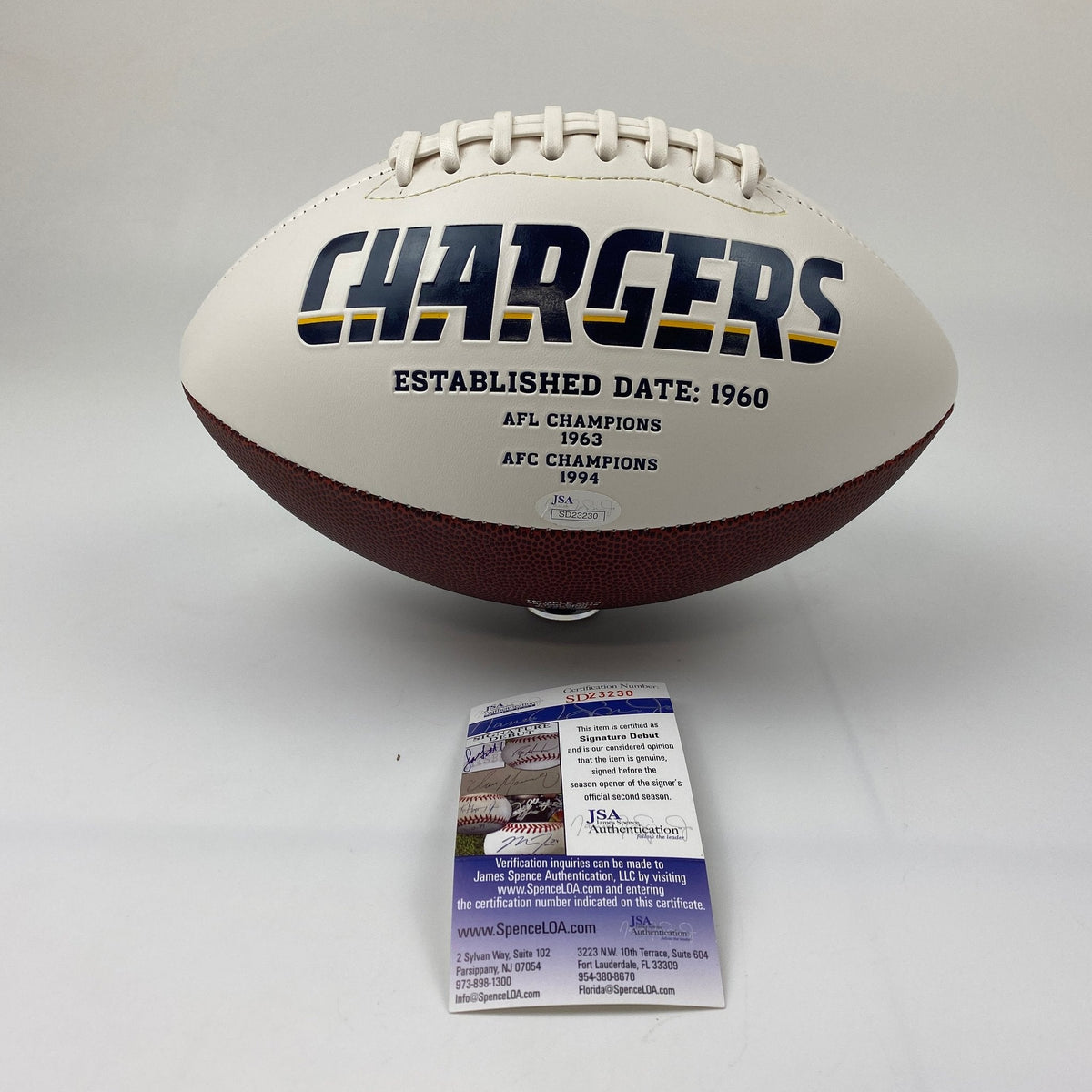 Autographed/Signed Mike Williams Los Angeles Chargers Full Size White Panel Logo Football JSA COA