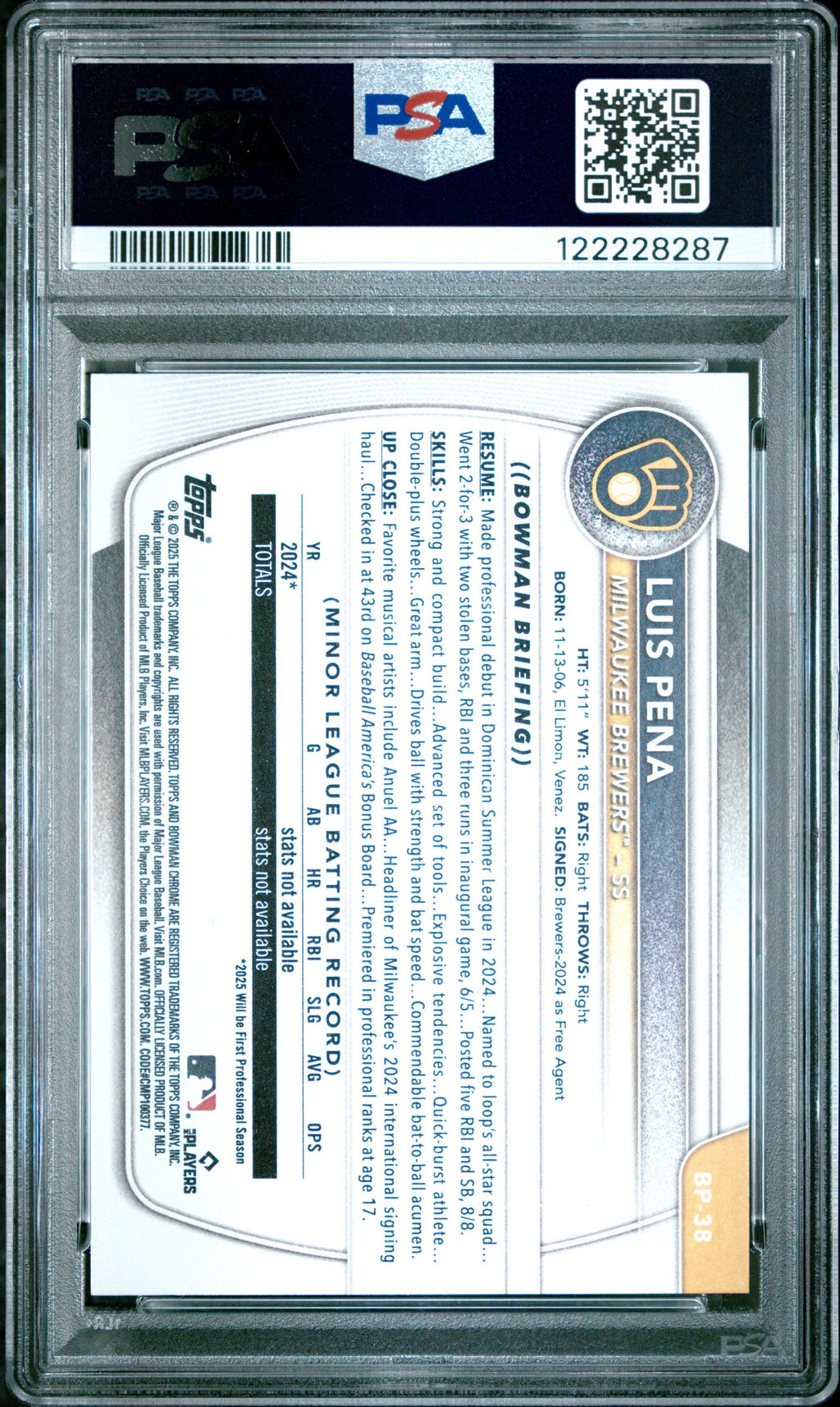 Graded 2025 Topps Bowman Luis Pena #BP38 Paper Prospects Rookie RC Baseball Card PSA 8 Near Mint