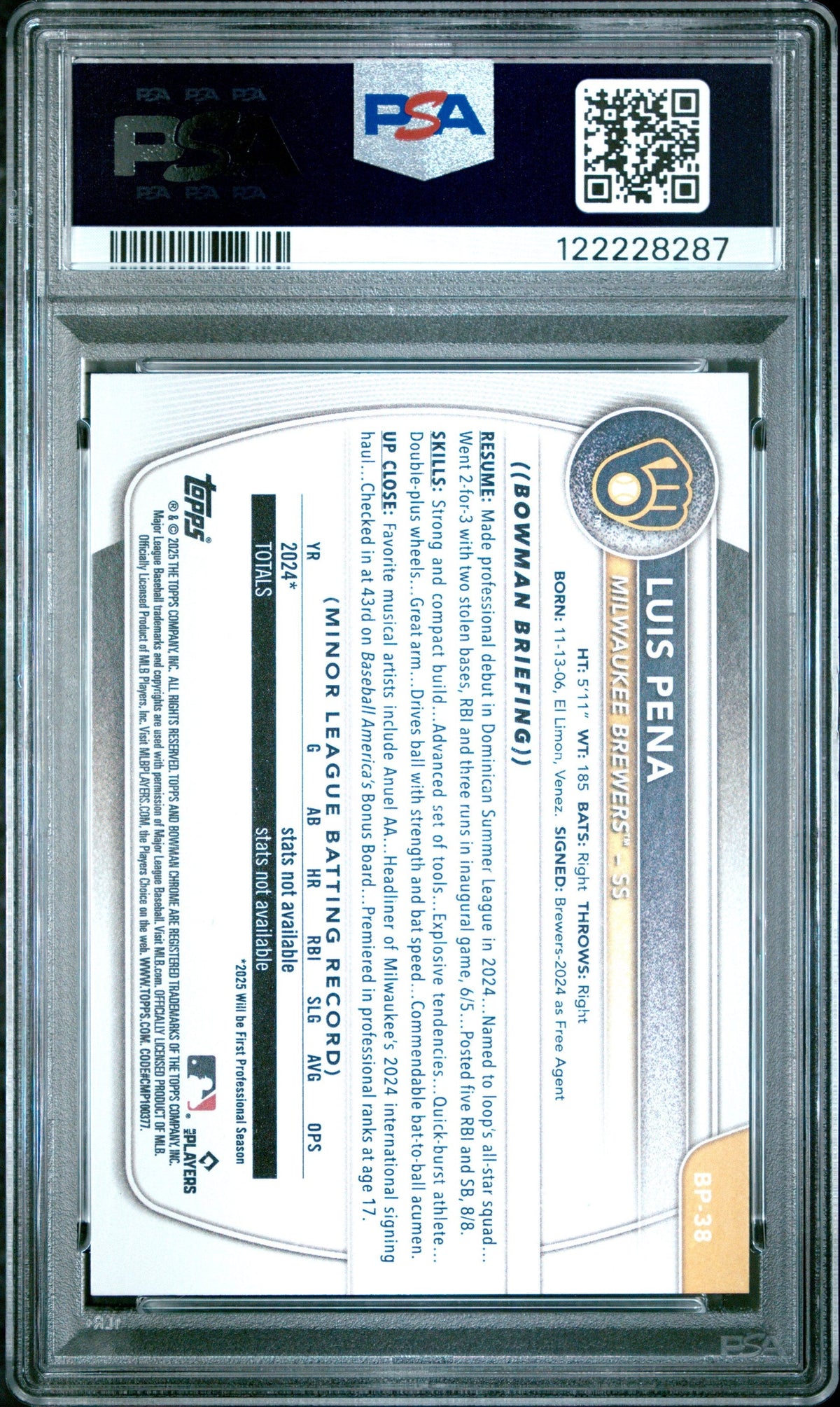 Graded 2025 Topps Bowman Luis Pena #BP38 Paper Prospects Rookie RC Baseball Card PSA 8 Near Mint