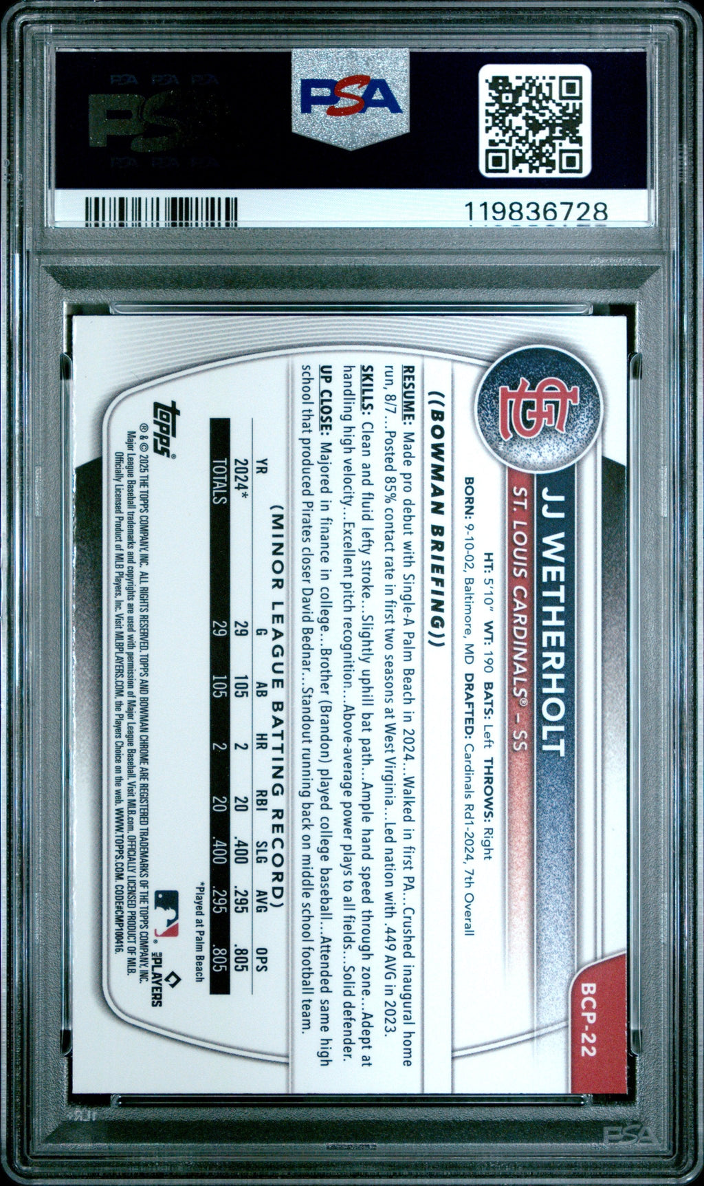 Graded 2025 Topps Bowman JJ Wetherholt #BCP22 Chrome Prospects Rookie RC Baseball Card PSA 10 Gem Mint