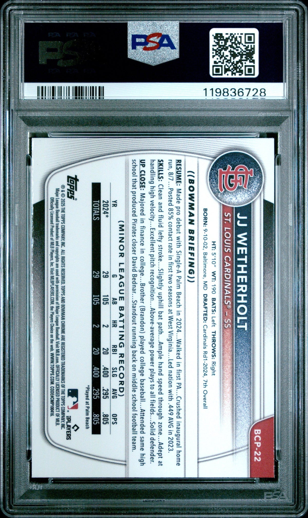 Graded 2025 Topps Bowman JJ Wetherholt #BCP22 Chrome Prospects Rookie RC Baseball Card PSA 10 Gem Mint
